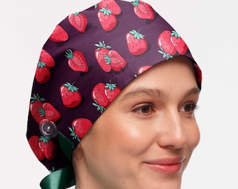 Strawberry Scrub Cap for Nurses — Fruit Print Euro Surgical Hat Women