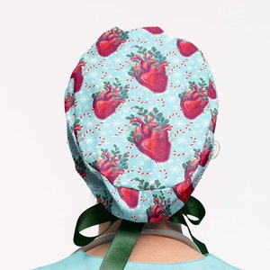 Christmas candy ponytail scrub cap, anatomy heart euro surgical hat, womens scrub caps cardiac