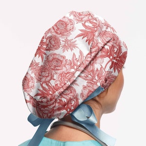 Ponytail scrub cap for women, peonies surgical hat with buttons