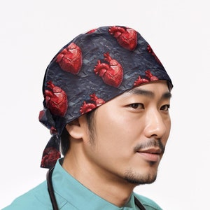Cardiac scrub cap, anatomy heart euro scrub hat, ponytail caps for women, valentine&#39;s sirgical hat