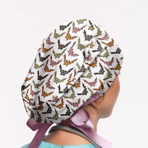 Halloween euro scrub cap women, bats surgical cap, spooky ponytail scrub cap