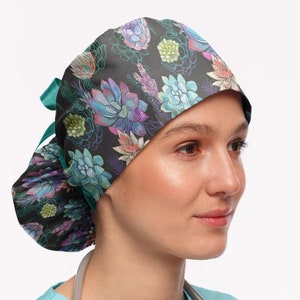 Scrub cap for women, Succulent surgical cap, Ponytail scrub hat with buttons, Floral nurse caps