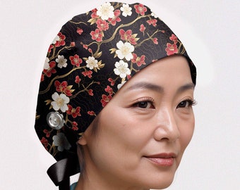 Cherry blossom scrub cap for women, sakura flowers surgical hat