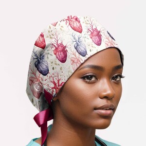 Cardiac scrub cap, anatomy heart euro scrub hat, ponytail caps for women, valentine&#39;s sirgical hat