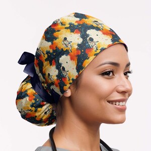 Space scrub caps for women, cute astronauts nurse cap, cosmic euro scrub cap, universe ponytail surgical hat