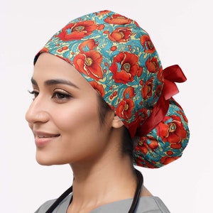Flowers scrub cap for women, poppies surgical hat with buttons