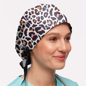 Leopard surgical cap women, Animal print scrub cap with buttons, Ponytail medical hat, Cheetah scrub cap