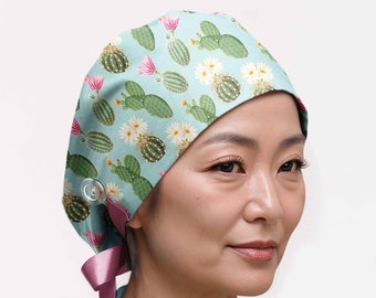 Scrub cap for women, cactuses surgical cap, succulent ponytail scrub hat, floral nurse caps with buttons