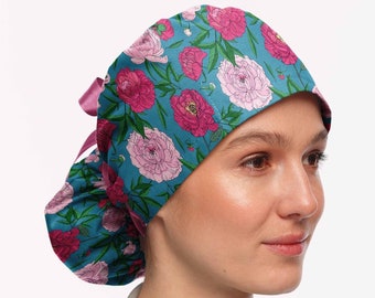 Pink peonies on blue ponytail scrub cap for women, floral euro surgical cap with clear buttons