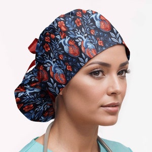 Anatomic heart ponytail scrub cap, cardiac nurse hat, euro surgical cap for women