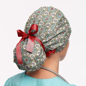 Surgical cap for women, Eyes medical scrub cap, Nurse ponytail hat