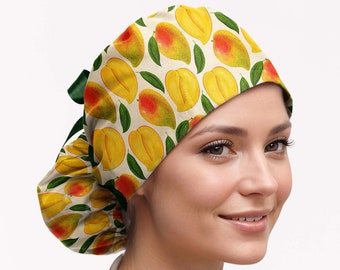 Tropical fruits scrub caps for women, mango ponytail surgical hat, euro cap with buttons