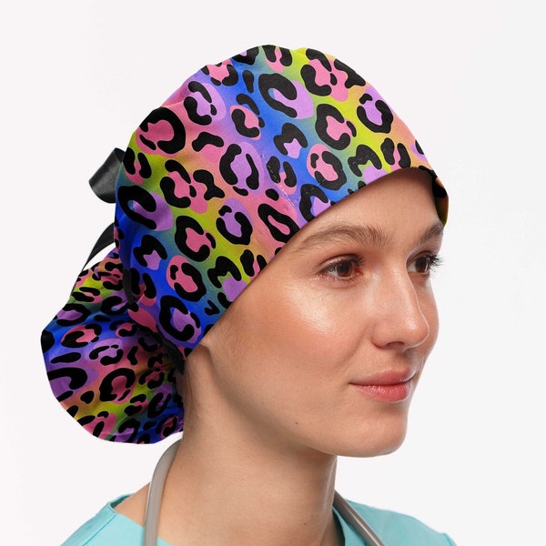 Rainbow cheetah ponytail scrub cap for women, leopard surgical hat euro style with clear buttons