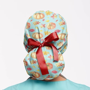 Halloween scrub cap for women, Pumpkin scrub hat, Surgical cap with buttons