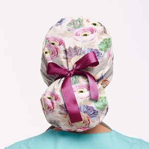 Succulent surgical cap, scrub cap for women, floral nurse caps, pink