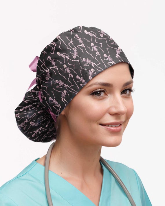 Dancing Skeleton Scrub Cap for Nurses — Funny Bones Surgical Hat Women