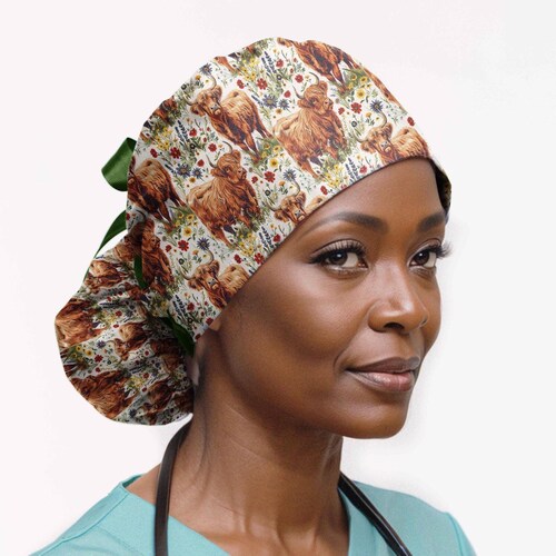 Highland Cow Scrub Cap for Nurses — Vet Tech Surgical Hat Unisex