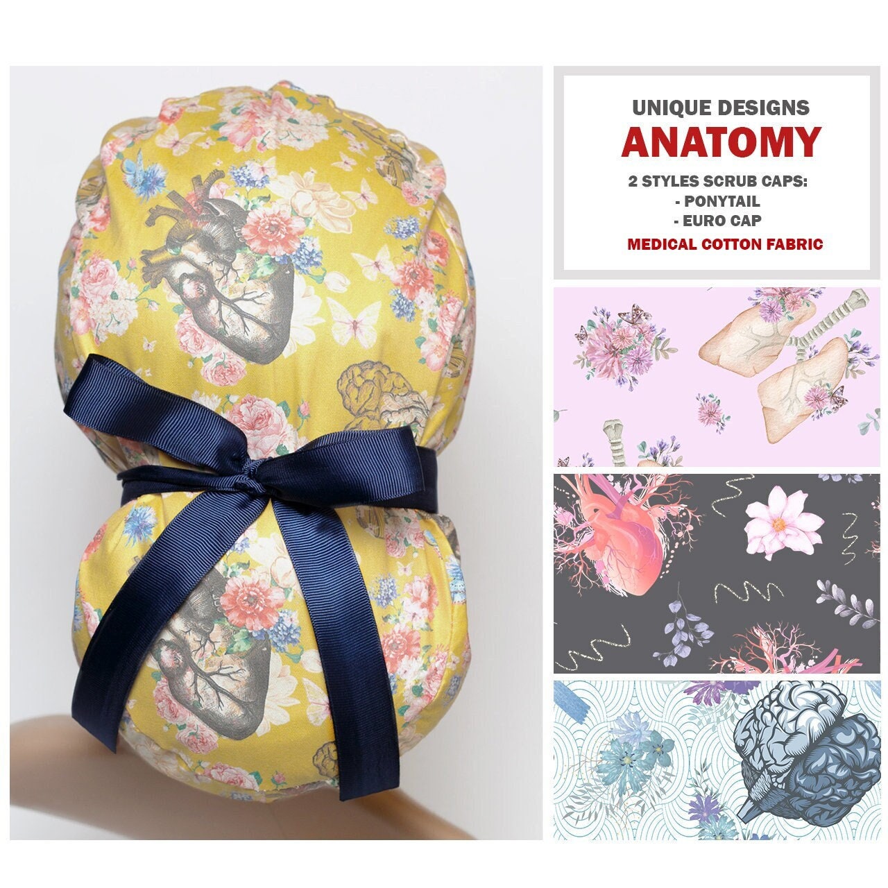 Anatomy scrub cap with buttons, Heart surgical cap women, Ponytail me…