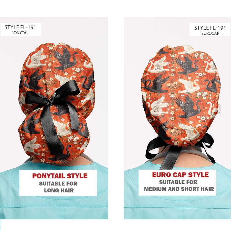 K&ouml;nnte beinhalten: Zwei OP-Hauben mit einem Schwanenmuster auf rotem Hintergrund. Eine ist im Ponytail-Stil, die andere im Euro-Cap-Stil. Der Ponytail-Stil ist f&uuml;r langes Haar geeignet, der Euro-Cap-Stil f&uuml;r mittellanges und kurzes Haar.