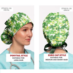 K&ouml;nnte beinhalten: Zwei Arten von OP-Hauben mit einem gr&uuml;nen Kleeblatt-Druck. Die linke Haube ist ein Pferdeschwanz-Stil, geeignet f&uuml;r langes Haar. Die rechte Haube ist ein Euro-Haube-Stil, geeignet f&uuml;r mittellanges und kurzes Haar. Beide Hauben sind mit "Style FL-135" gekennzeichnet.