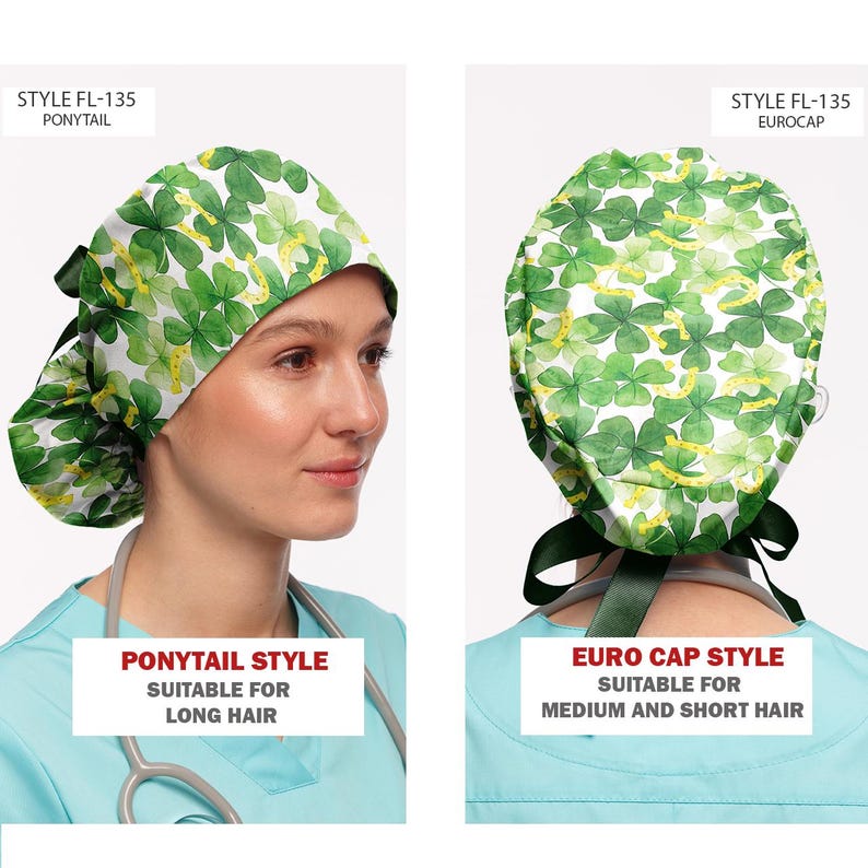 K&ouml;nnte beinhalten: Zwei Arten von OP-Hauben mit einem gr&uuml;nen Kleeblatt-Druck. Die linke Haube ist ein Pferdeschwanz-Stil, geeignet f&uuml;r langes Haar. Die rechte Haube ist ein Euro-Haube-Stil, geeignet f&uuml;r mittellanges und kurzes Haar. Beide Hauben sind mit "Style FL-135" gekennzeichnet.