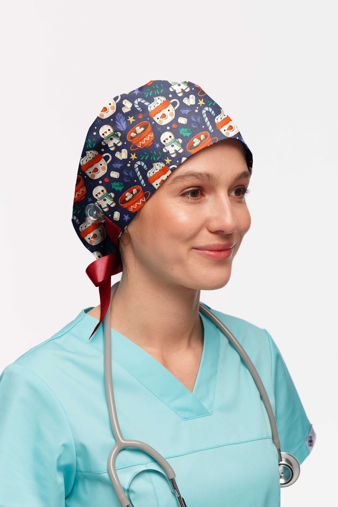 Xmas Euro Scrub Cap for Women, Holiday Ponytail Scrub Caps, Christmas