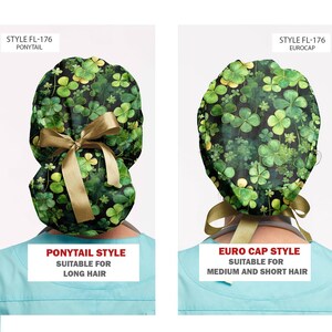 K&ouml;nnte beinhalten: Zwei Arten von OP-Hauben mit einem gr&uuml;nen Kleeblatt-Muster. Die linke Haube ist ein Pferdeschwanz-Stil, geeignet f&uuml;r langes Haar. Die rechte Haube ist ein Euro-Kap-Stil, geeignet f&uuml;r mittellanges und kurzes Haar. Beide Hauben sind mit "STYLE FL-176" gekennzeichnet.