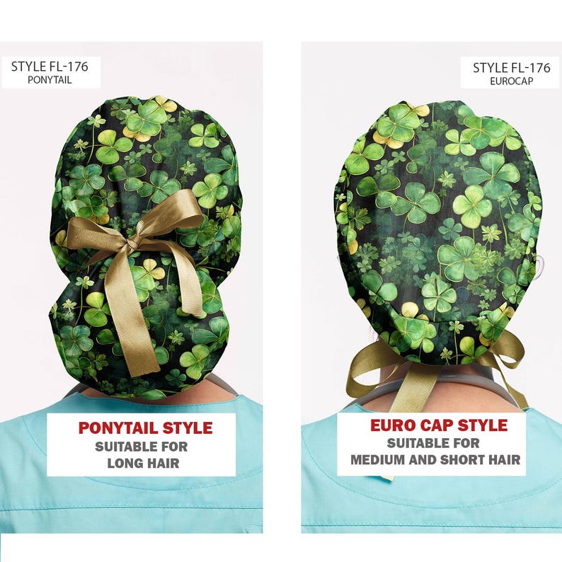 K&ouml;nnte beinhalten: Zwei Arten von OP-Hauben mit einem gr&uuml;nen Kleeblatt-Muster. Die linke Haube ist ein Pferdeschwanz-Stil, geeignet f&uuml;r langes Haar. Die rechte Haube ist ein Euro-Kap-Stil, geeignet f&uuml;r mittellanges und kurzes Haar. Beide Hauben sind mit "STYLE FL-176" gekennzeichnet.