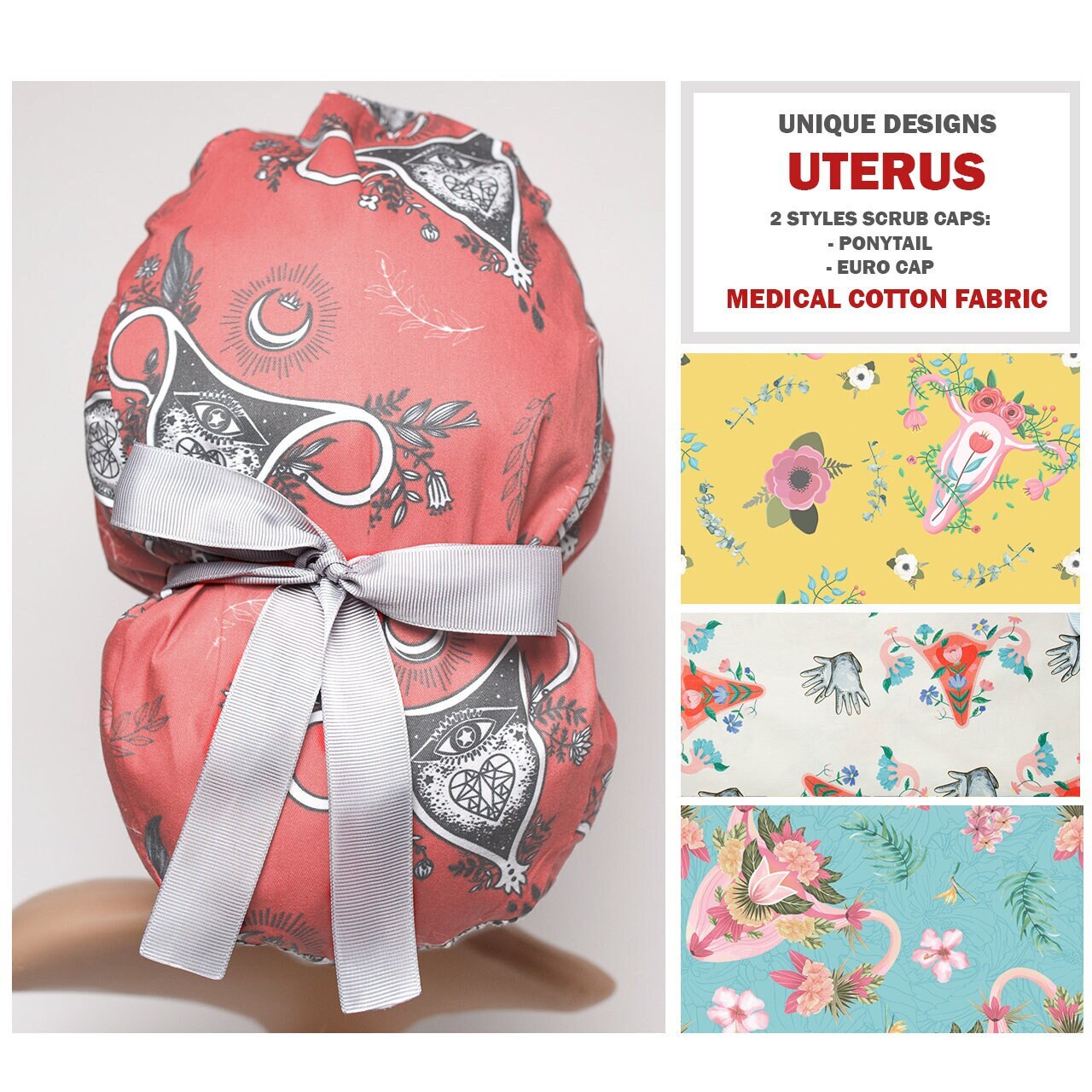Anatomy scrub cap for women, Uterus surgical caps, Ponytail scrub hat…