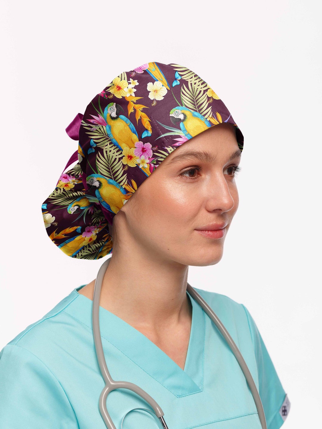 Tropical Flowers Ponytail Scrub Cap Women Euro Surgical Hat Etsy