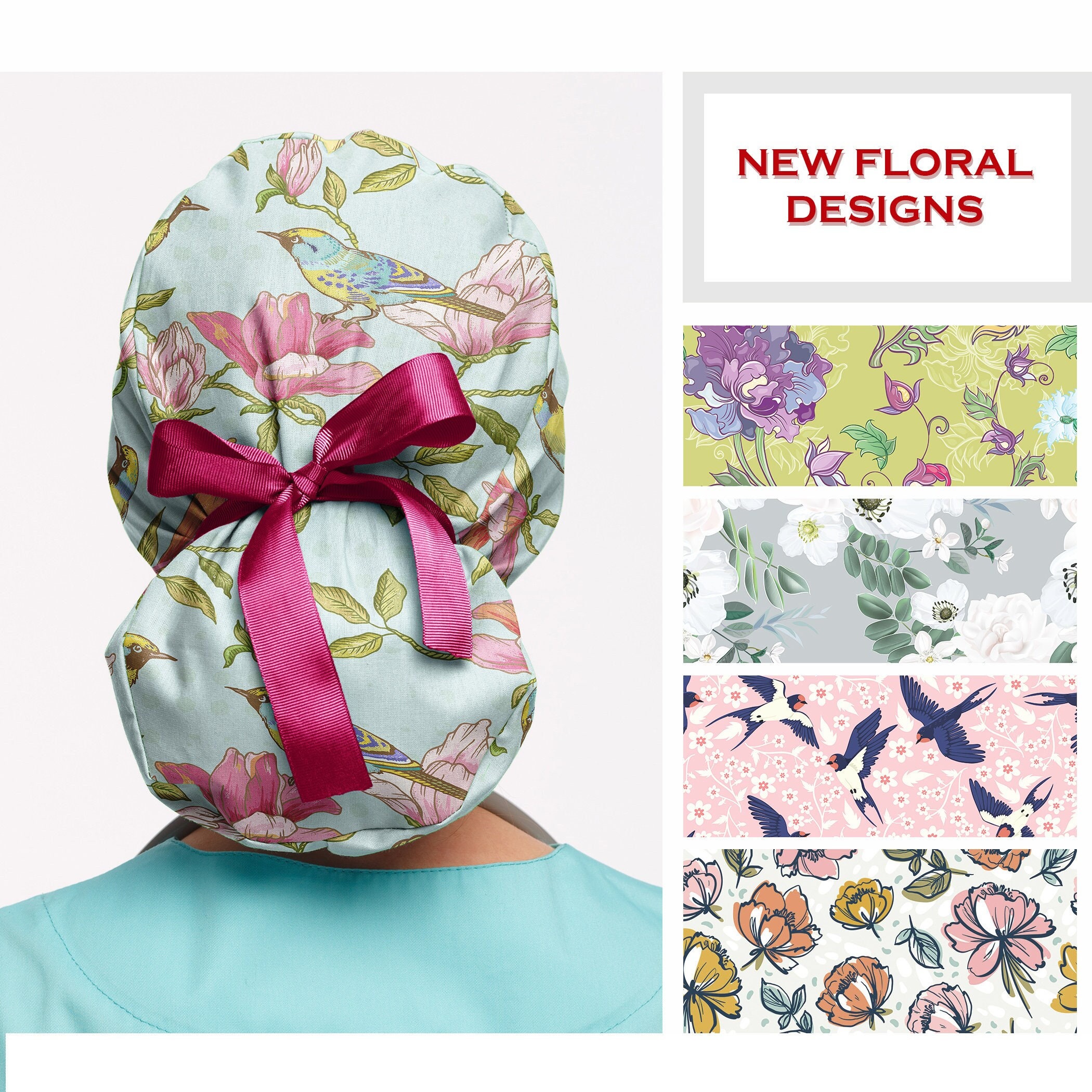 Ponytail scrub cap women, Floral surgical cap with buttons, nurse scr…