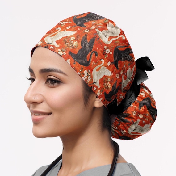 Swans ponytail scrub cap for women, Birds surgical cap with buttons