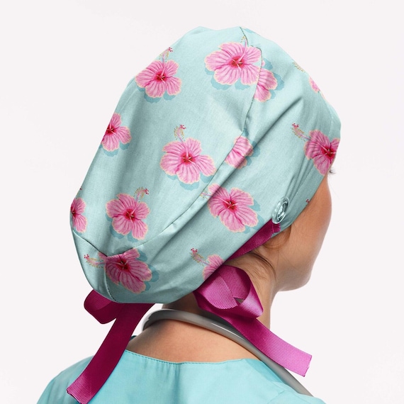 Floral Ponytail Scrub Cap: Hibiscus Medical Hat with Buttons