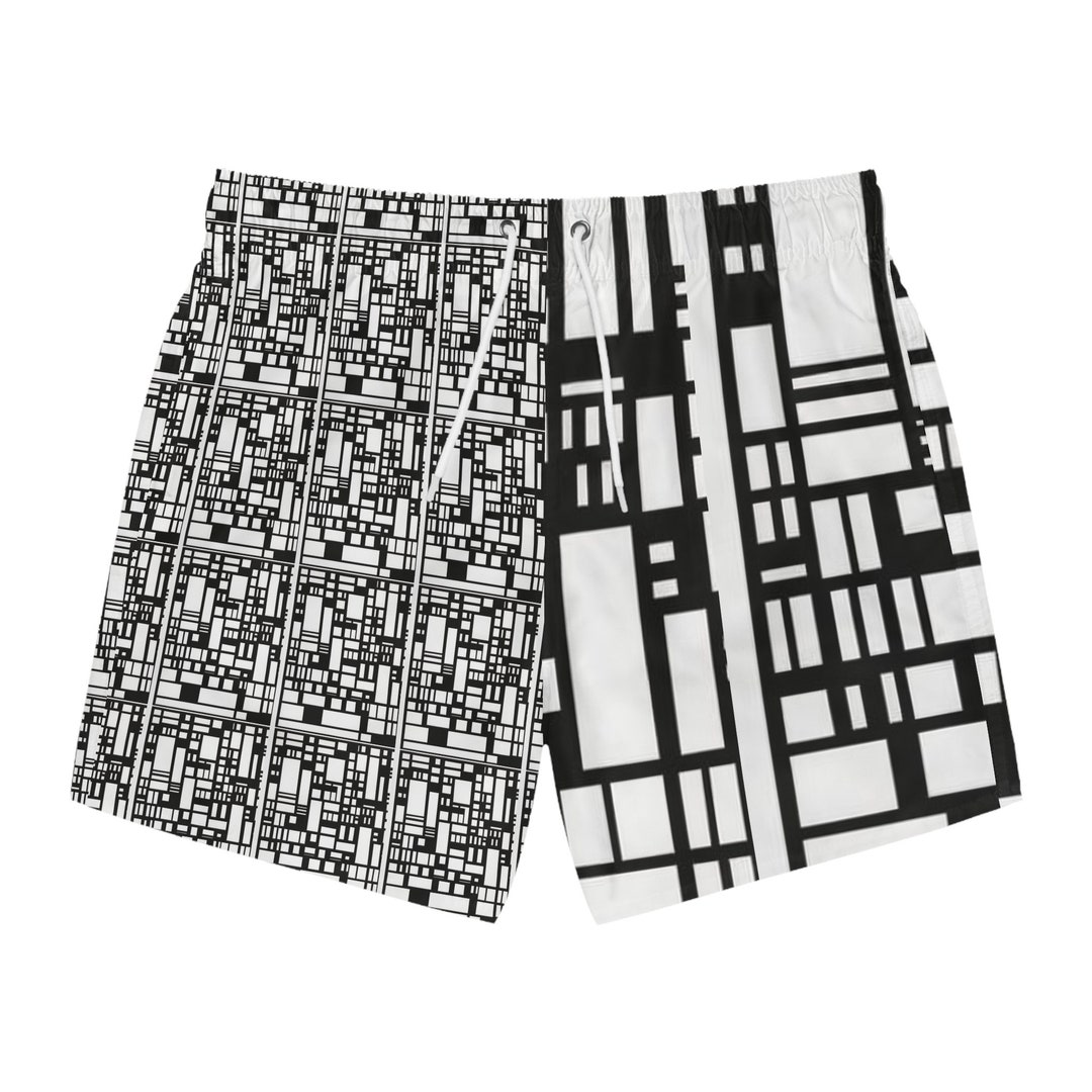 B&W Black and White Mondrian Drawing Swim Trunks AOP - Etsy