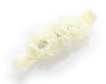 Ivory Beaded Chiffon 3-Flower Headband - Choose Baby or Girl Size