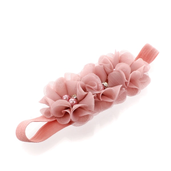 Dusty Rose Beaded Chiffon 3-Flower Headband - Choose Baby or Girl Size