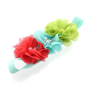 Coral / Aqua / Apple Beaded Chiffon 3-Flower Headband - Choose Baby or Girl Size