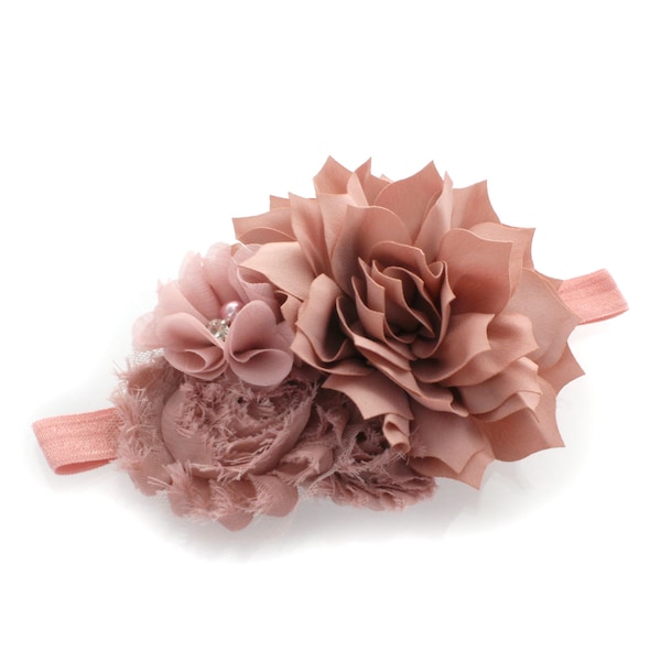 Dusty Rose Shabby Fabric Flower Cluster Headband - Choose Baby or Girl Size