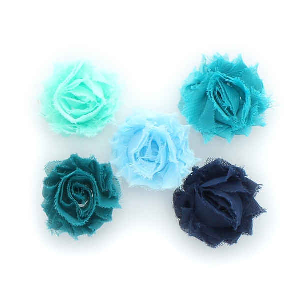 Small Shabby Flower Baby Hair Clippie Variety 5-Pack - Aqua / Turquoise / Light Blue / Teal / Navy