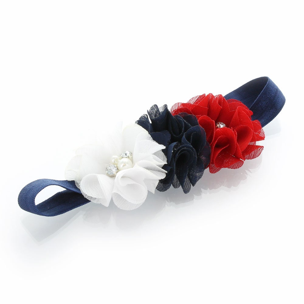 White / Navy / Red Beaded Chiffon 3-flower Headband - Choose Baby or ...