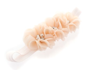 Vanilla Cream Beaded Chiffon 3-Flower Headband - Choose Baby or Girl Size