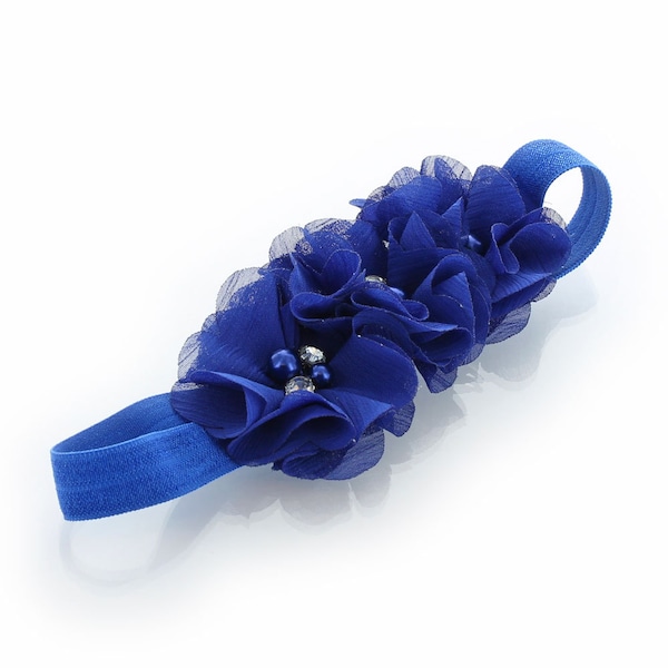Royal Blue Beaded Chiffon 3-Flower Headband - Choose Baby or Girl Size