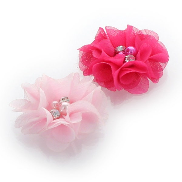 Chiffon Beaded Hair Flower Clip Pair - Hot Pink / Light Pink