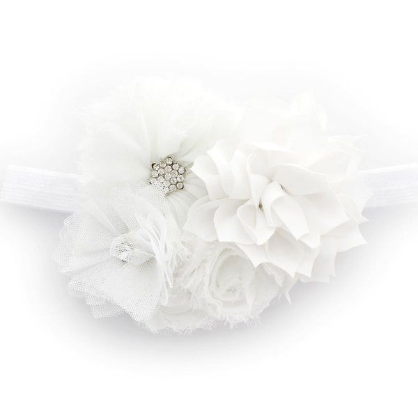 White Shabby Fabric Flower Cluster Headband - Choose Baby or Girl Size