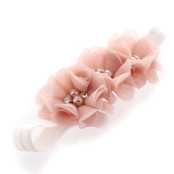 Pink Blush Beaded Chiffon 3-Flower Headband - Choose Baby or Girl Size