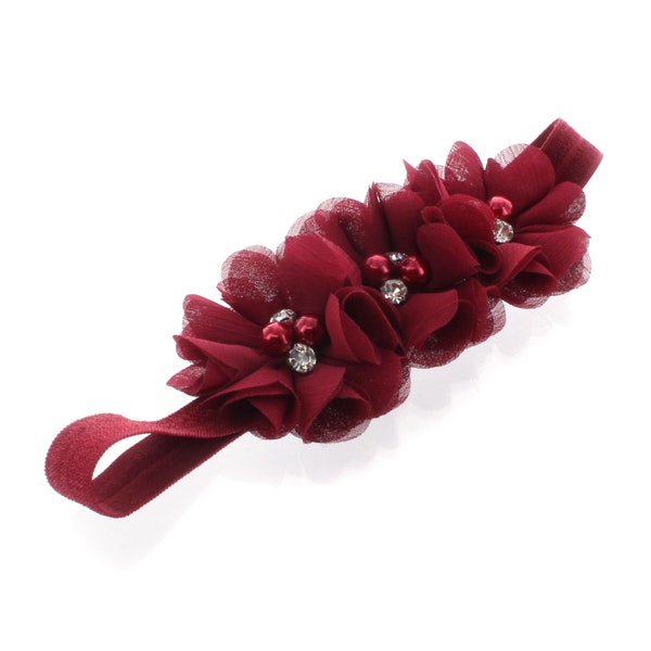 Maroon Beaded Chiffon 3-Flower Headband - Choose Baby or Girl Size