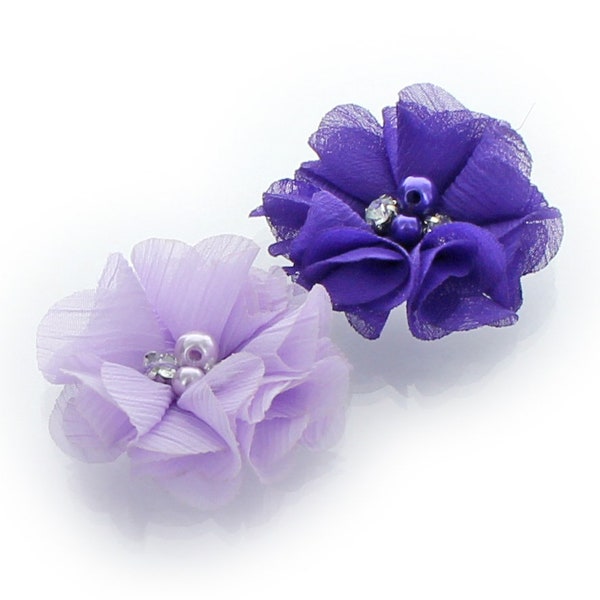 Chiffon Beaded Hair Flower Clip Pair - Light Lavender / Purple