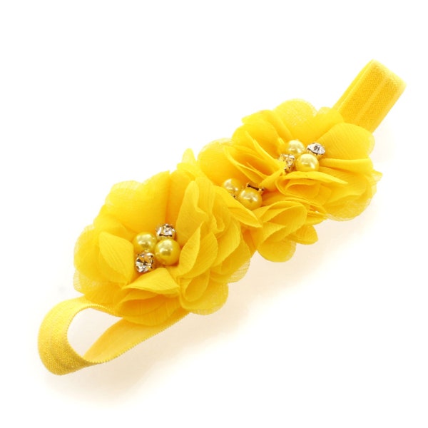 Yellow Beaded Chiffon 3-Flower Headband - Choose Baby or Girl Size