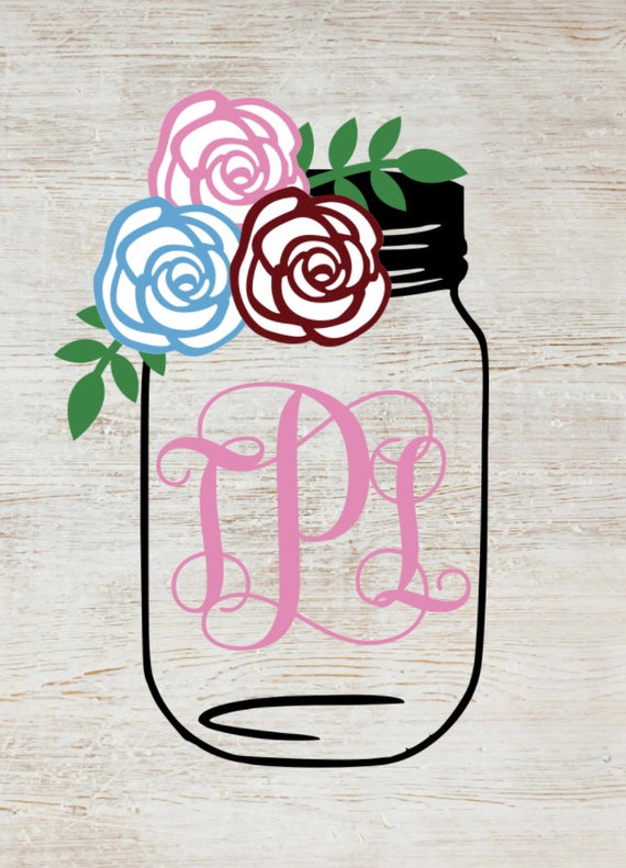Floral Mason Jar Monogram Decal / Floral Mason Jar Decal / Etsy