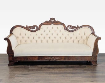 Antique 3-Seat Sofa with Carved Wood Frame and Cream Upholstery